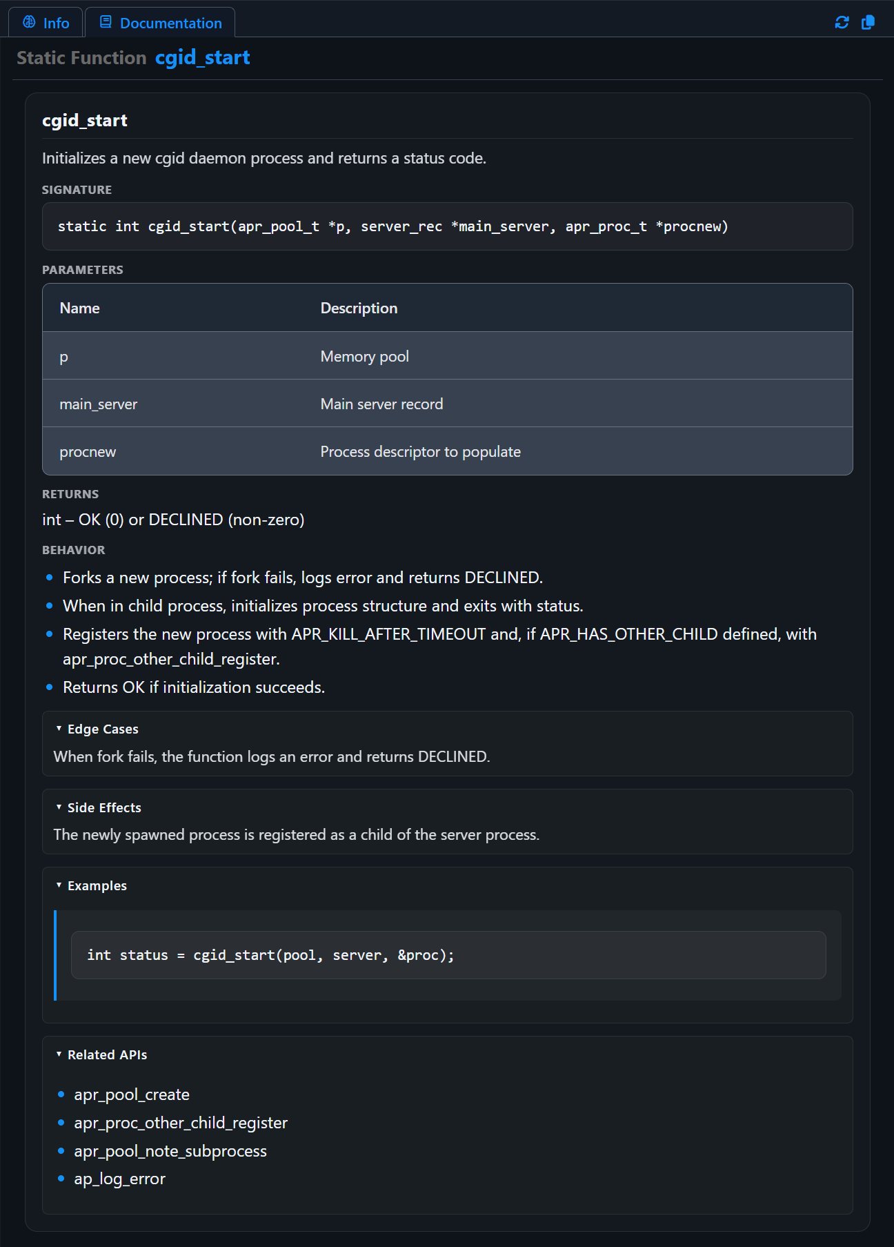 Onboard-generated documentation page for a static function, showing its signature, parameters, and behavior