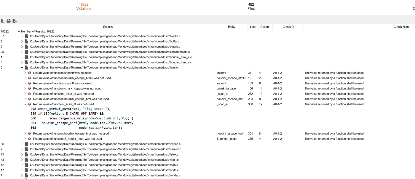 AUTOSAR violations from a CodeCheck run grouped by file, with counts per rule.