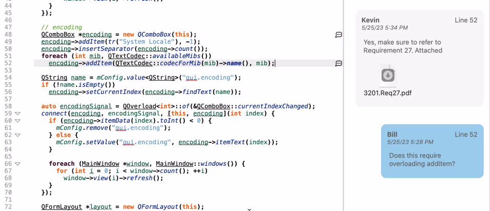 Annotations made by engineers working on legacy code, attached to entities in the source.