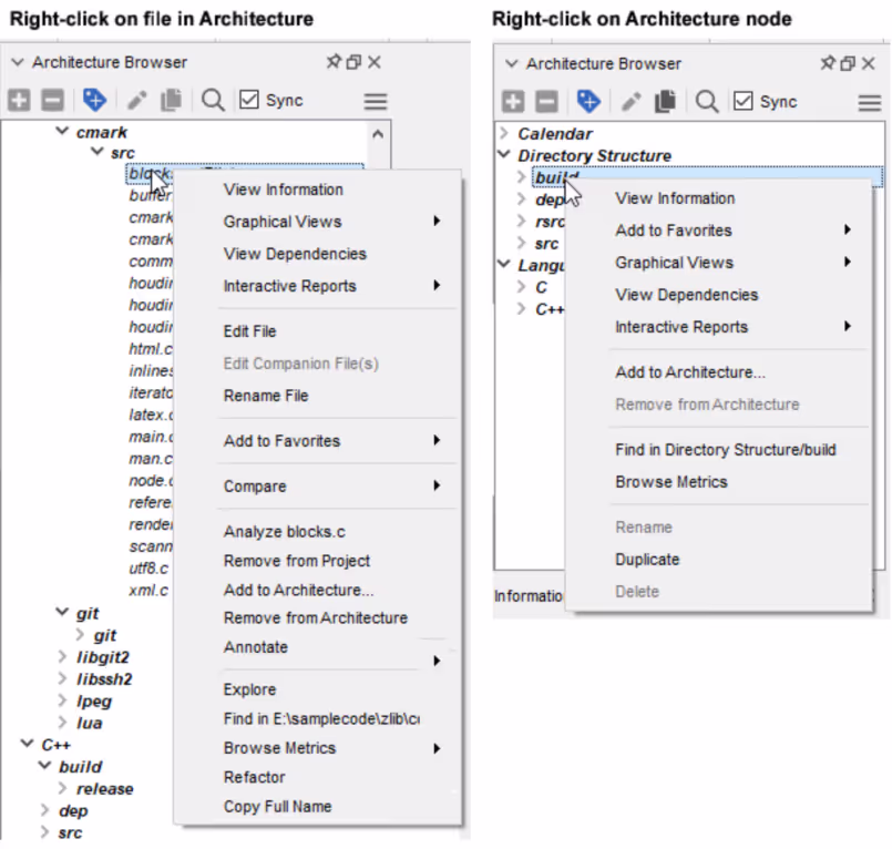 A context menu open on a node in Understand's Architecture Browser, listing actions for the selected component.