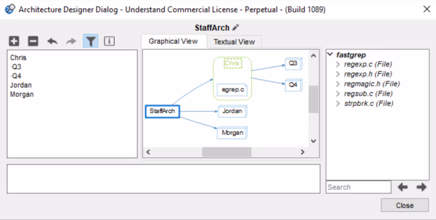 The Architecture Designer in Understand, used to build architecture nodes and configure dependency checks between them.