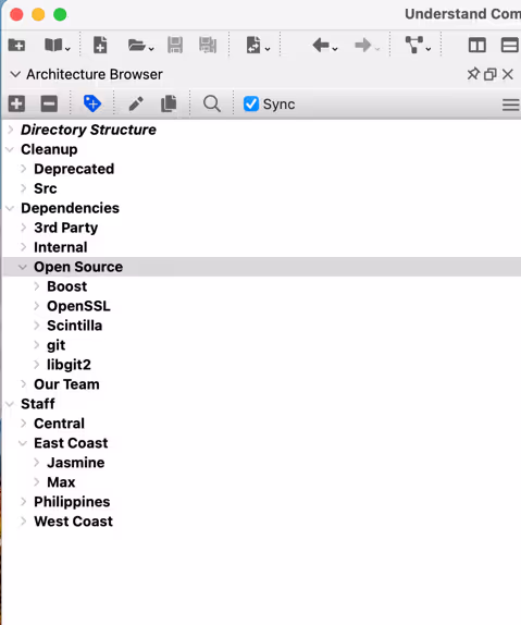 The Architecture Browser in Understand, showing a project grouped into architecture nodes.