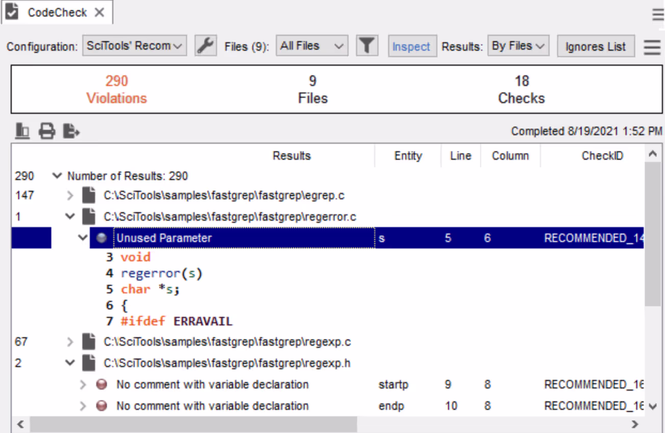 Understand's CodeCheck feature being used to test legacy code, listing violations by file.