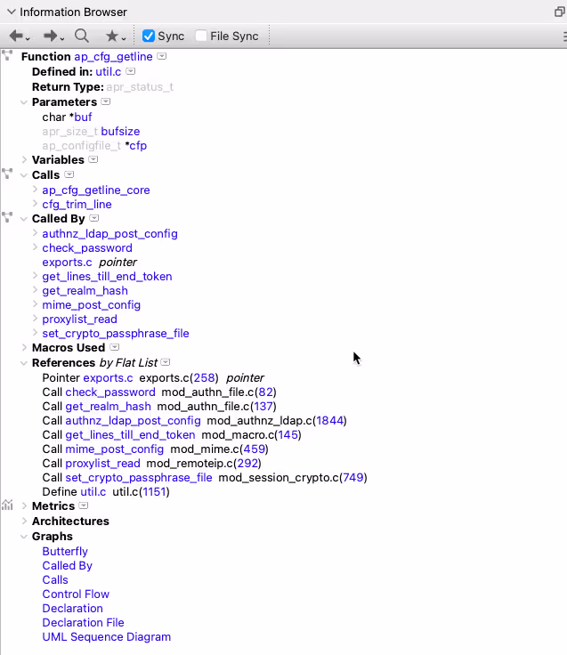 The Information Browser in Understand showing details about a selected entity in a legacy codebase.