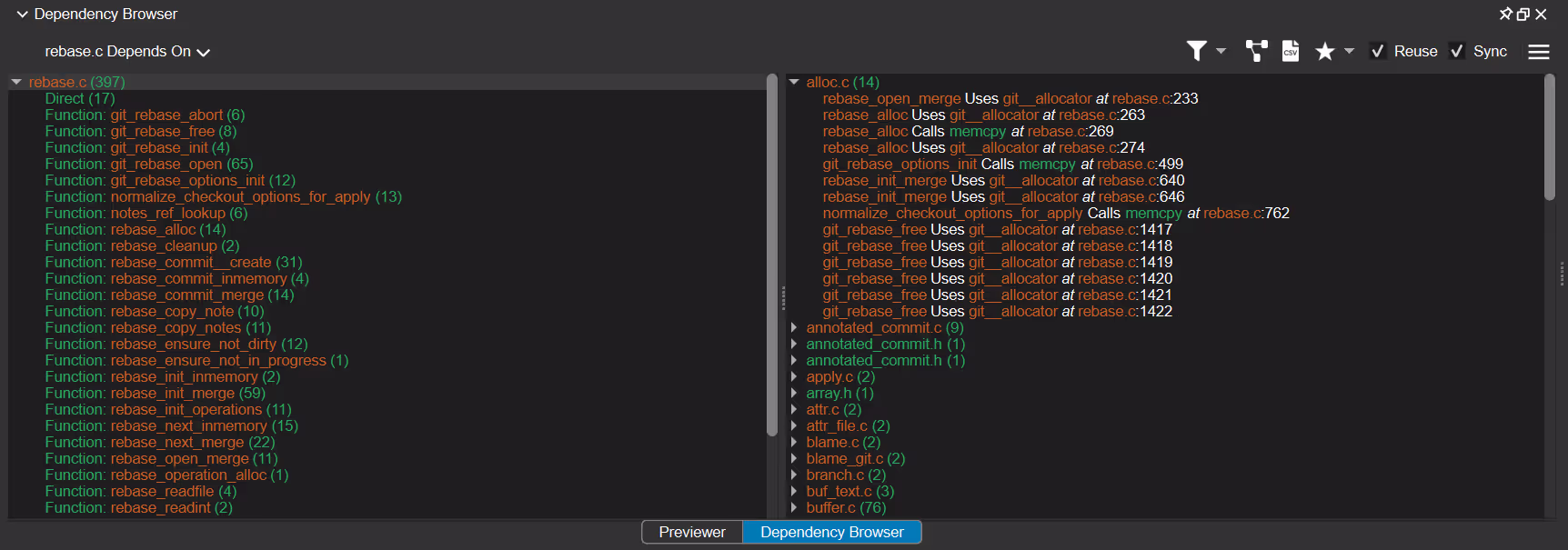 The Dependency Browser in Understand, listing what a selected file depends on and what depends on it.