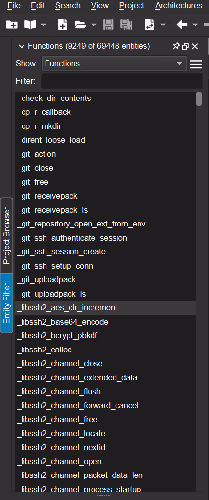 The Entity Filter in Understand, listing entity and relationship types found in the parsed project.