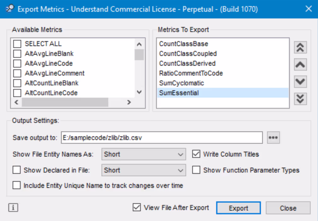 Understand's Export Metrics dialog, with a checklist of metrics to include and a choice of HTML or CSV output.