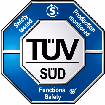 Certification seal for functional safety, covering ISO 26262, IEC 61508 and EN 50128.
