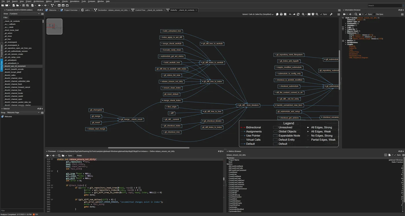 Understand's editor window with legacy source code open beside its cross-reference information.