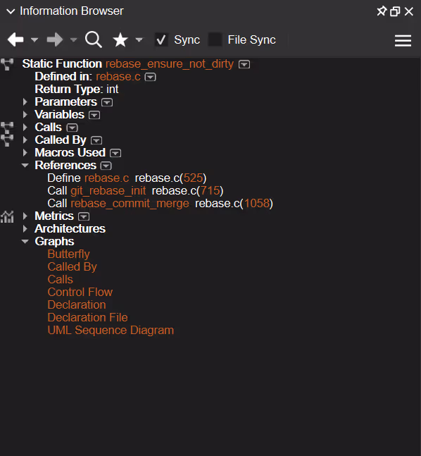 The Information Browser in Understand, showing a tree of details for a selected entity.