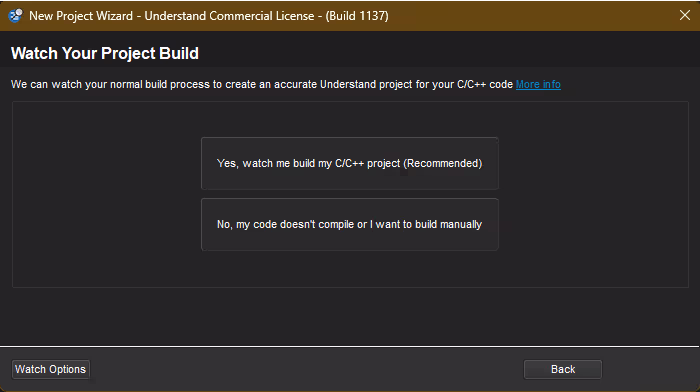 Understand's New Project Wizard, importing source code into a project.