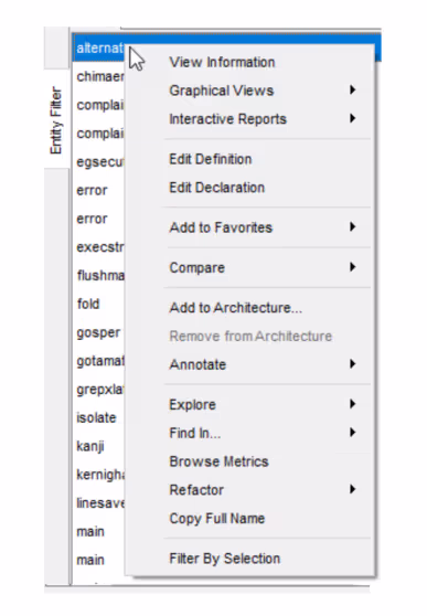 Understand's right-click context menu open over an entity in the source editor, listing the actions available for it.