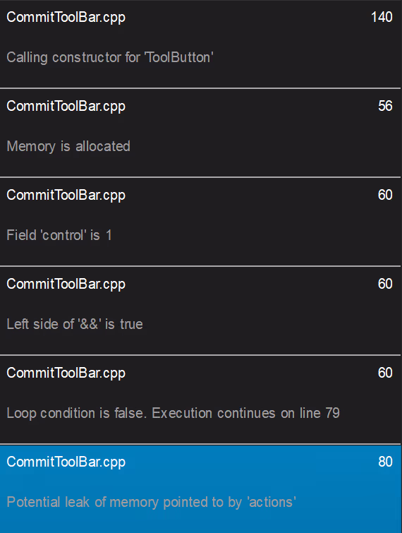 The step list Bug Hunter produces for a violation, numbering each point in the code where the defect progresses.