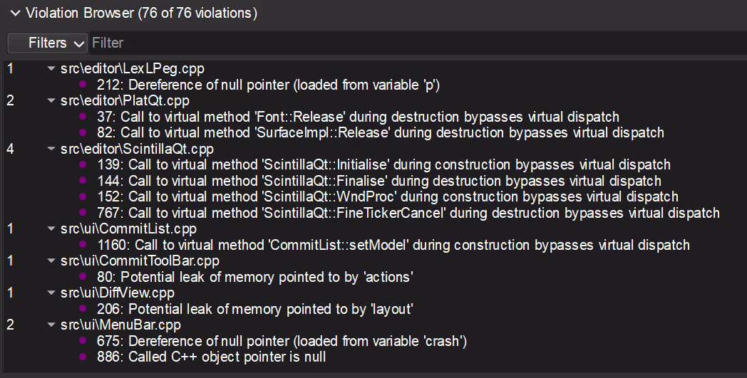 The Violation Browser in Understand, listing detected issues with search and filter controls.