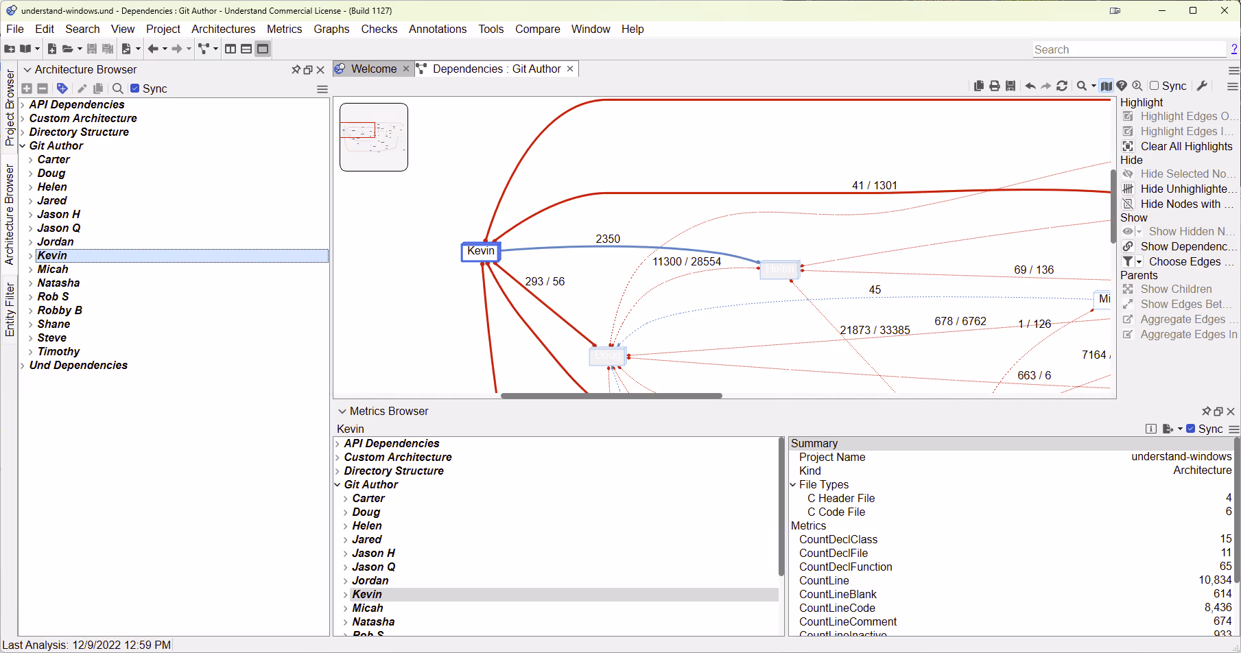An automatic architecture in Understand that groups a project's files by their Git author.
