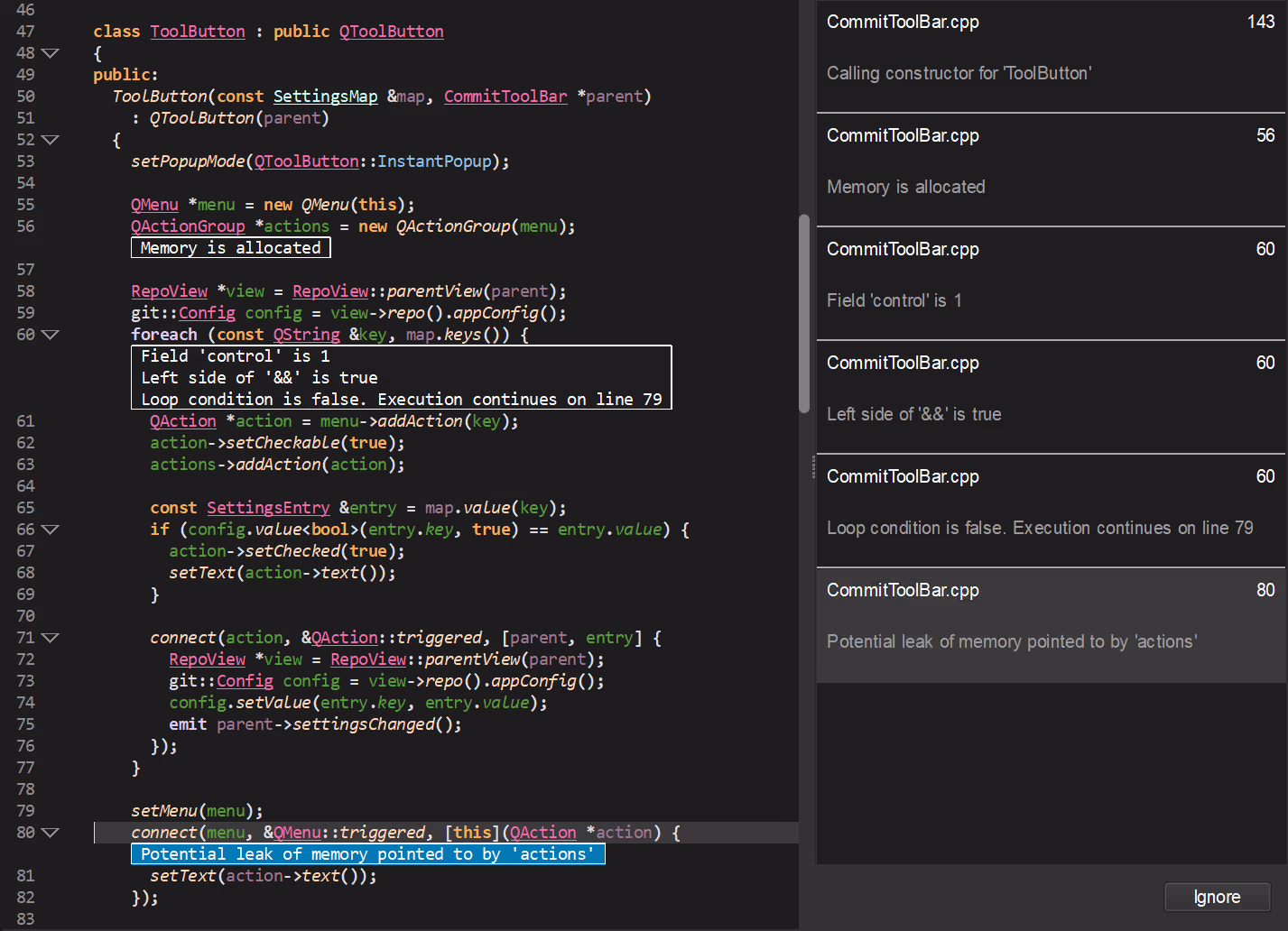 Understand's editor showing a Bug Hunter violation, with a per-line explanation under each line of code and the replication steps listed beside it.