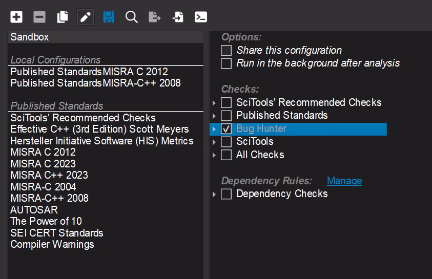 A CodeCheck run in Understand, showing Bug Hunter checks executing against a project.