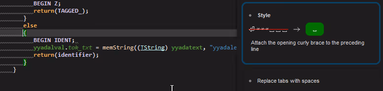 A custom CodeCheck plugin flagging code that breaks an internal parenthesis convention.