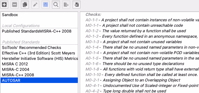 An AUTOSAR compliance report in Understand, zoomed in on the per-rule results.